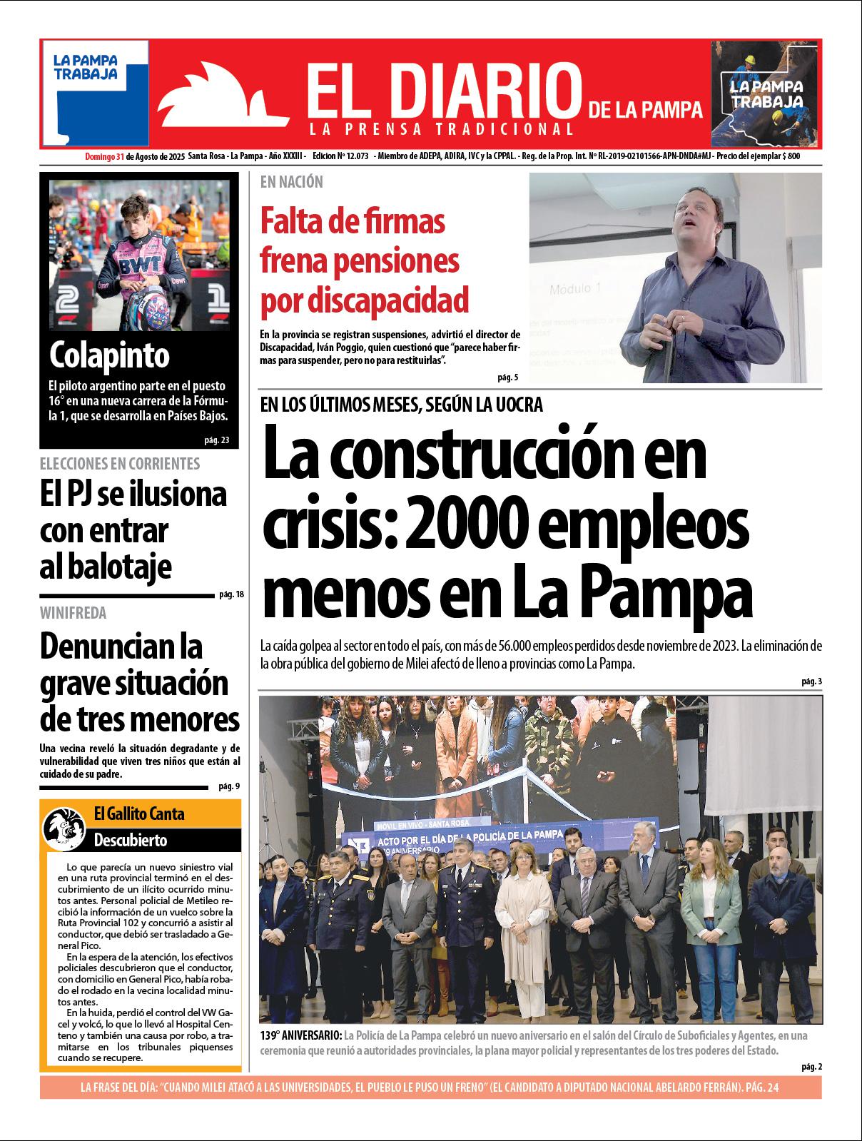 Tapa de El Diario en papel  domingo 31 de agosto de 2025